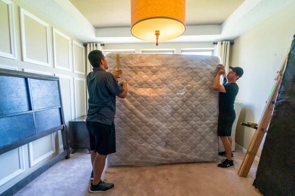 Mattresses get bagged with our thick, plastic mattress bags. This is just an overall win win win for everyone.